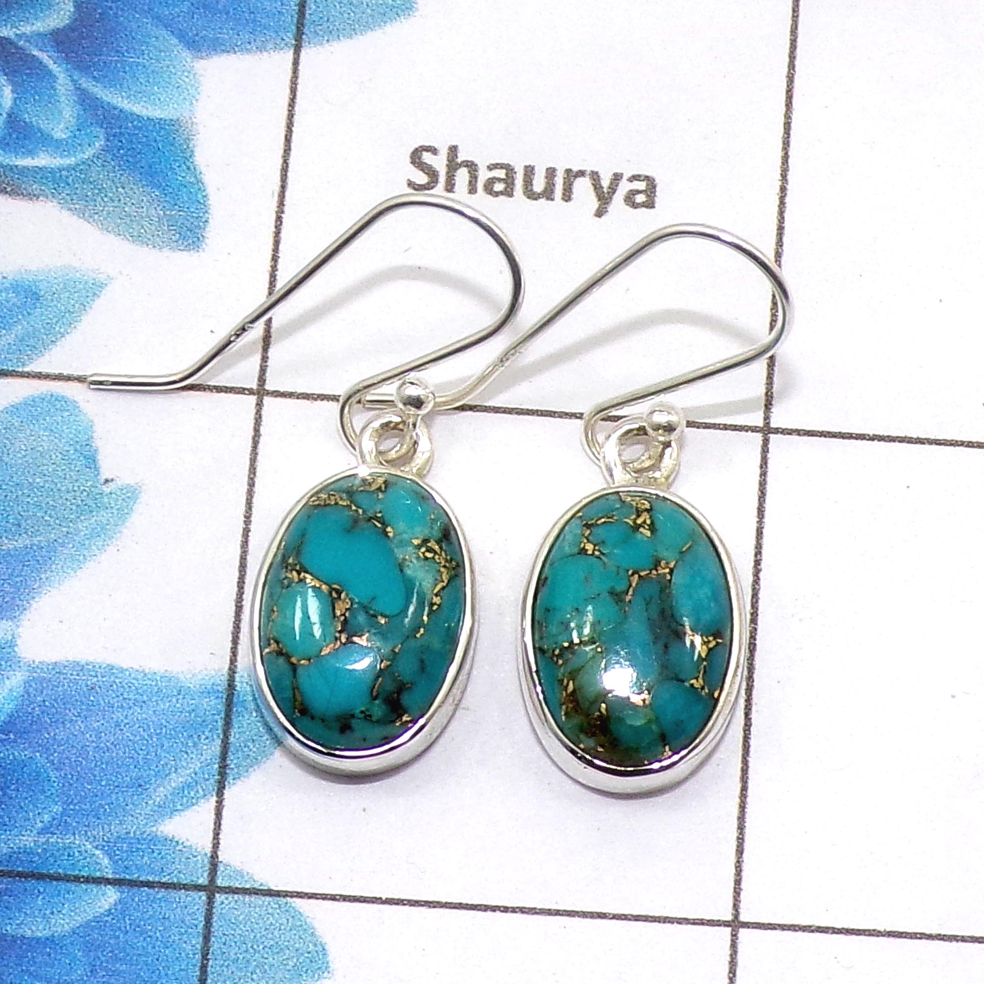 Blue Copper Turquoise Cab Earring J - SPE753-Latest Collection Oval Shape Solid 925 Sterling Silver Factory Handmade Earrings